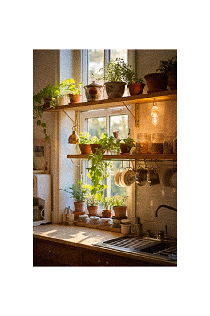 A kitchen with potted plants on the window sill, featuring shelves for additional storage.