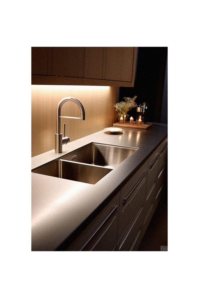 A stainless steel sink in a kitchen with no window.