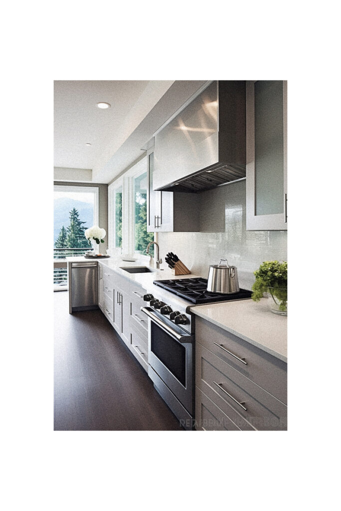 A modern kitchen with stainless steel appliances and a valance over the sink.