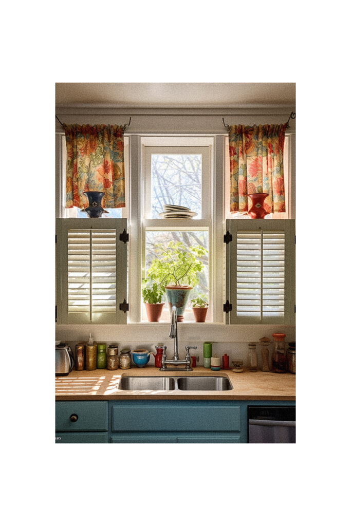 A kitchen window with shutters providing ideas for a sink.