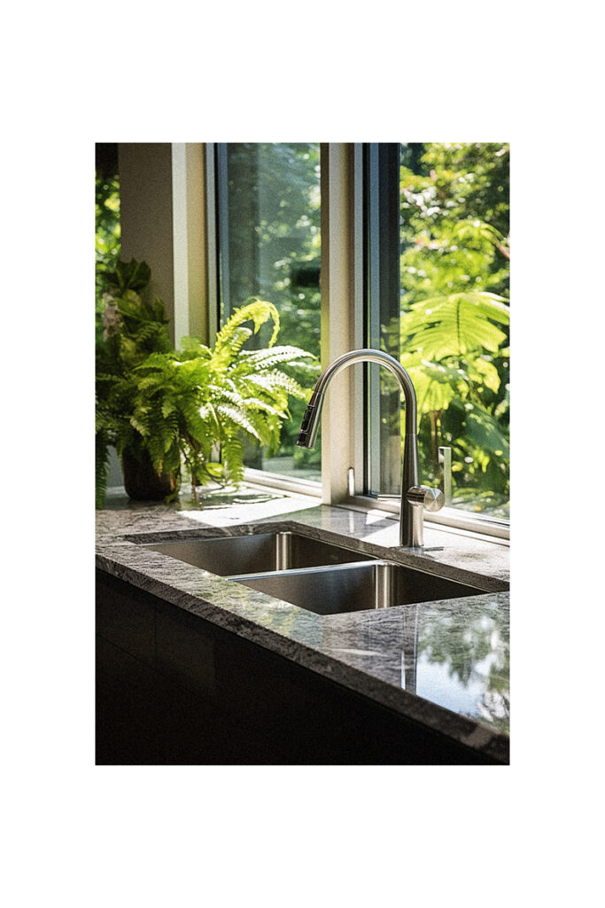 Large kitchen sink with a window.