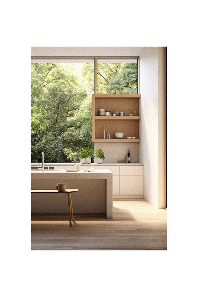 A white kitchen with a large window overlooking a wooded area.