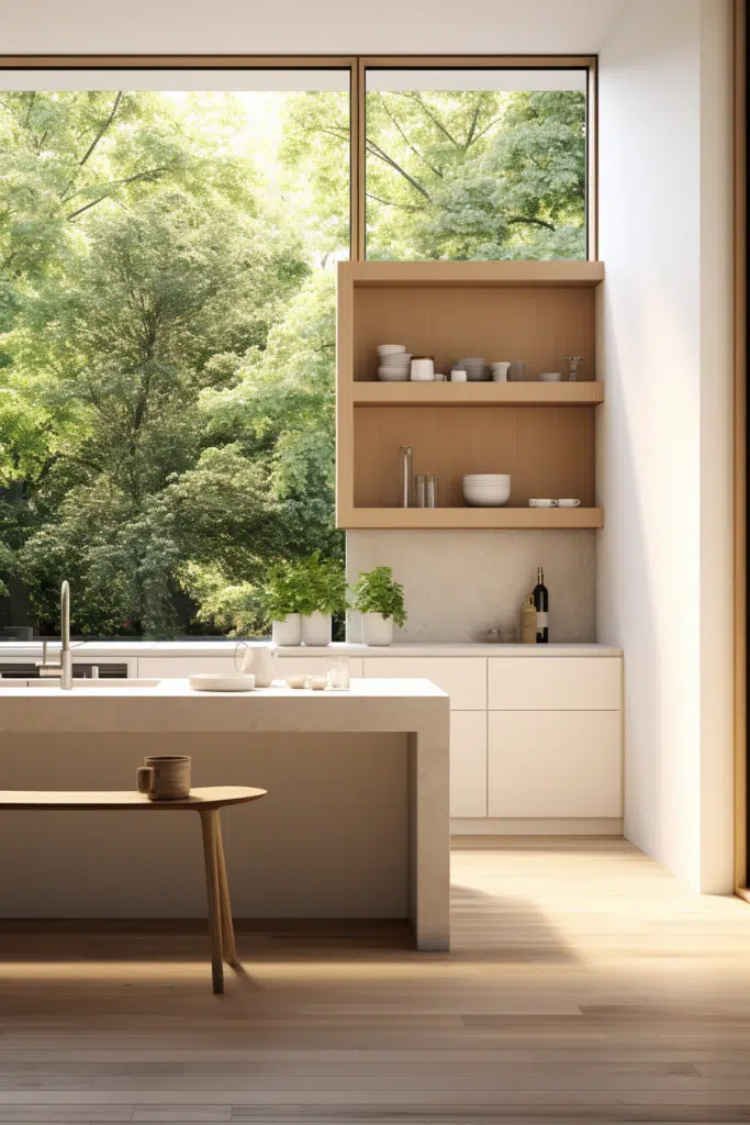 A kitchen with a large window overlooking a wooded area.