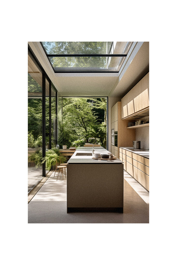 A modern kitchen with a large skylight.