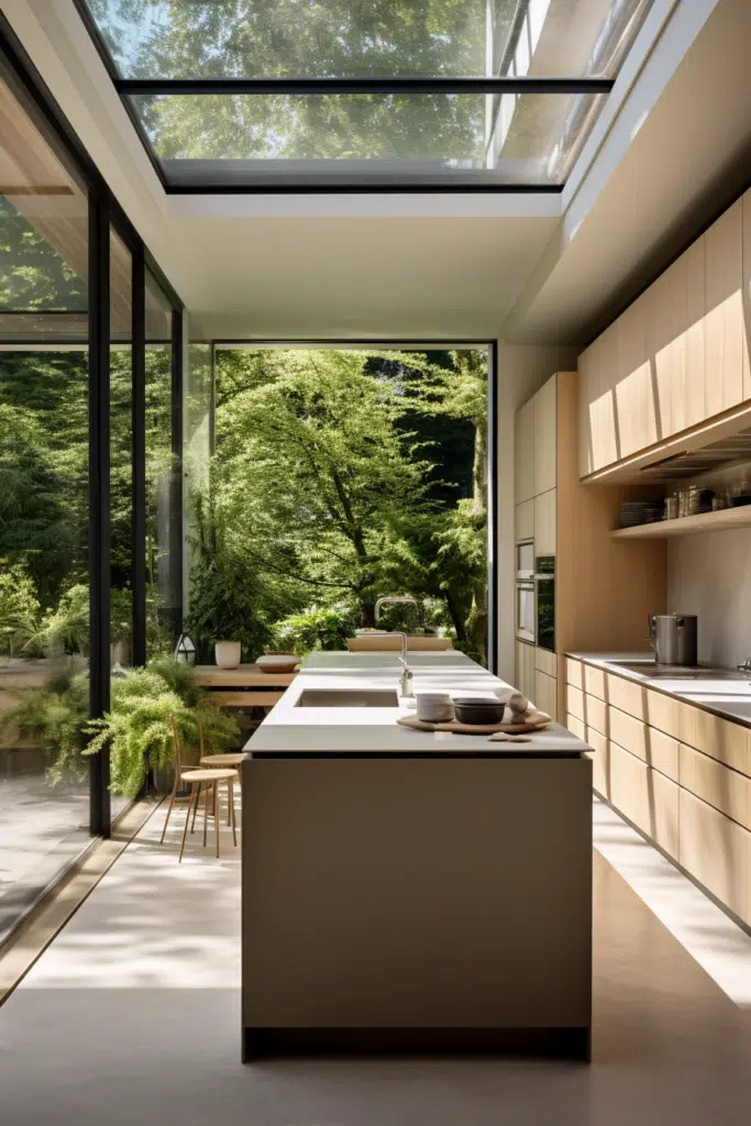 A modern kitchen with a glass roof.