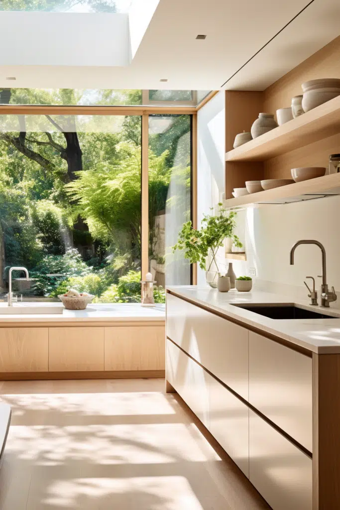 A modern kitchen with a large window overlooking a wooded area.