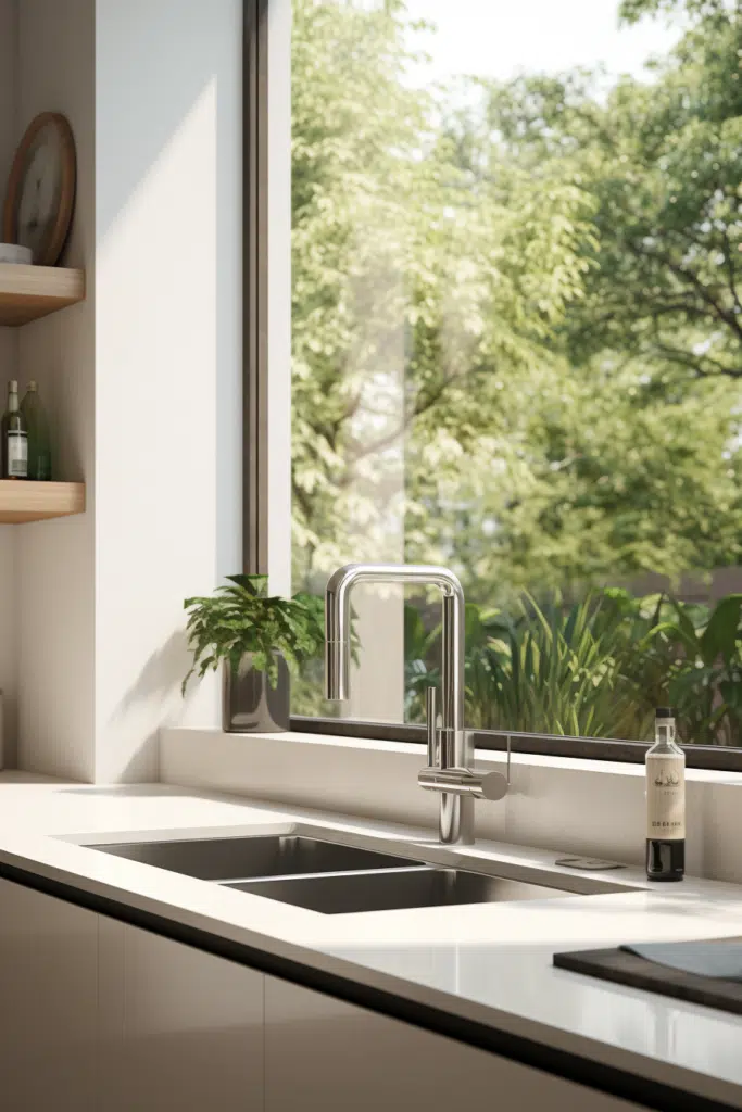 A kitchen with a sink and a window.