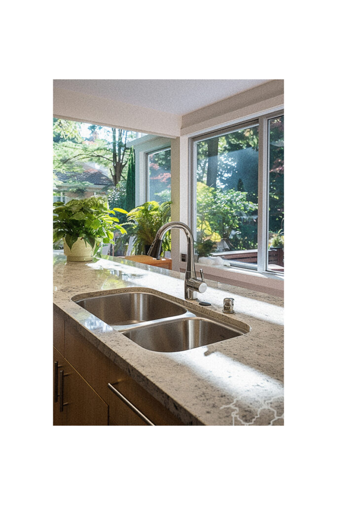 A kitchen sink with a large window above it.