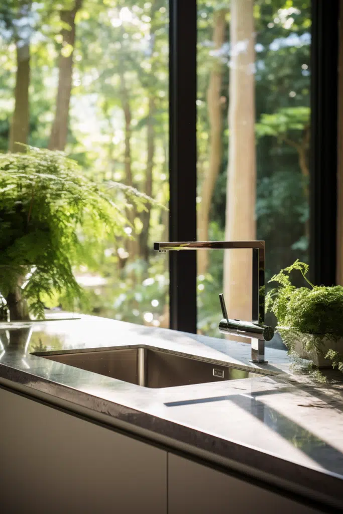A kitchen with a sink and plants in front of a window.