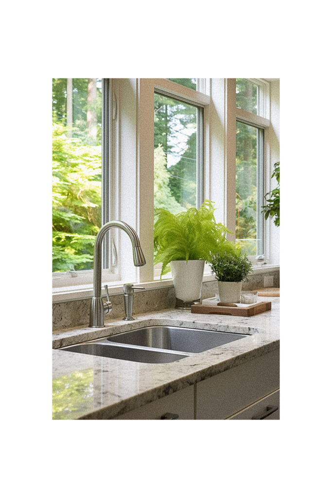 A plant accents a kitchen sink with a large window.