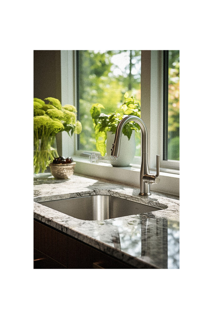 A large kitchen sink in front of a window.