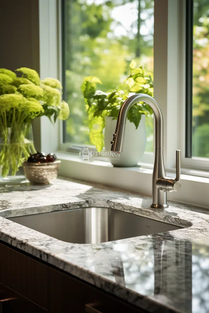 A kitchen with a stainless steel sink in front of a window.