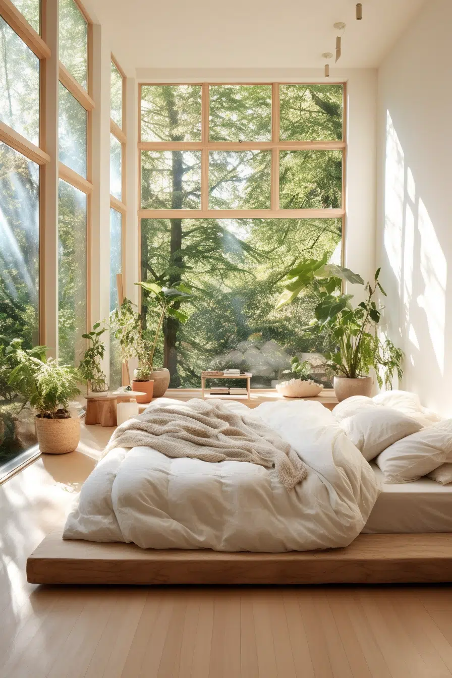 A white bed in a modern room with windows.