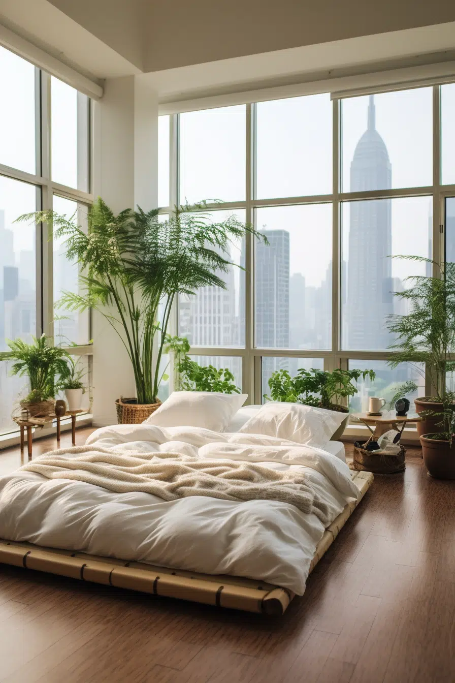 A modern bedroom with a view of the city.