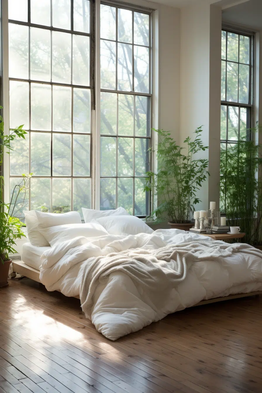 A modern bed with a white comforter in an organic bedroom.