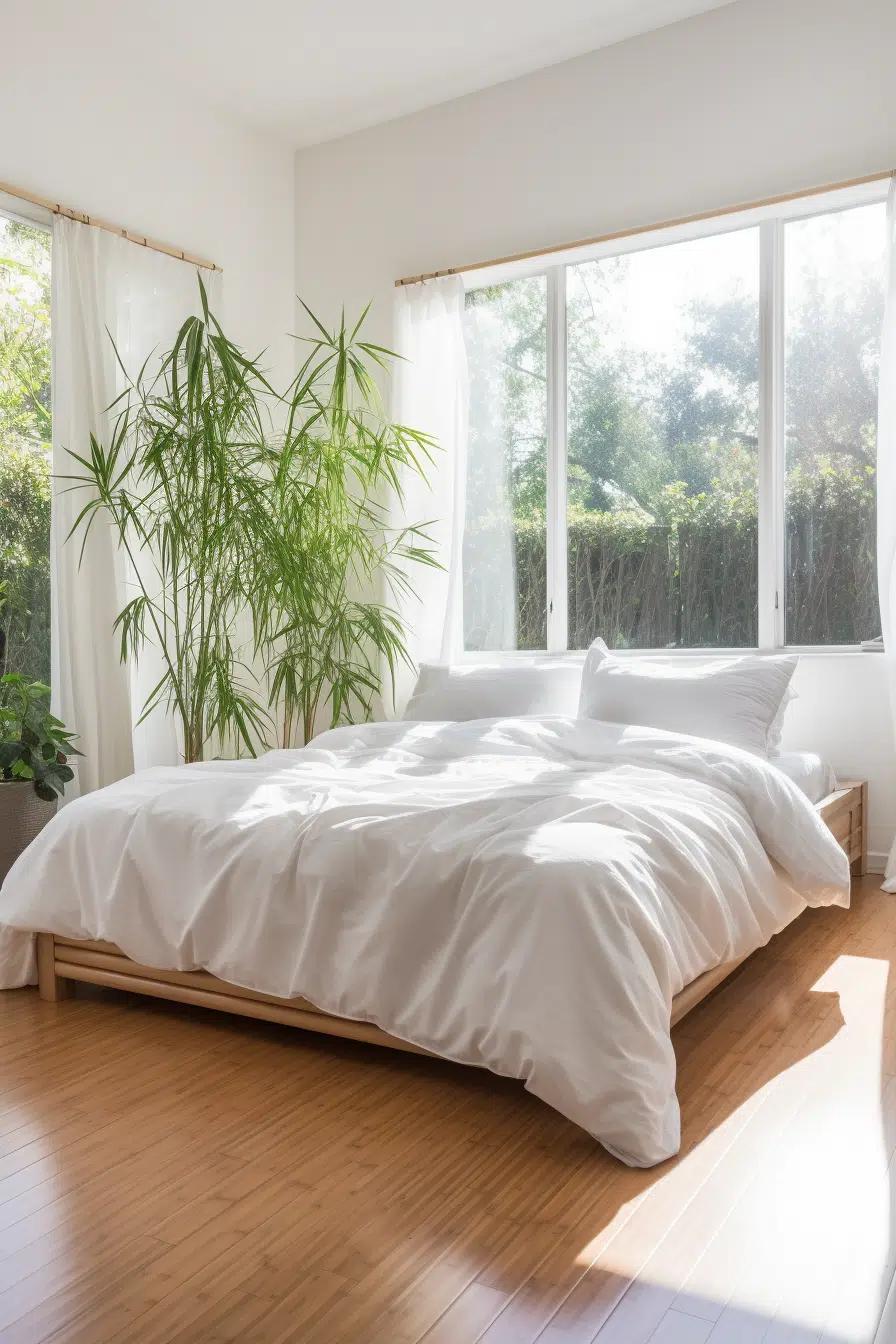 A modern organic bedroom with a white bed on wooden floors.
