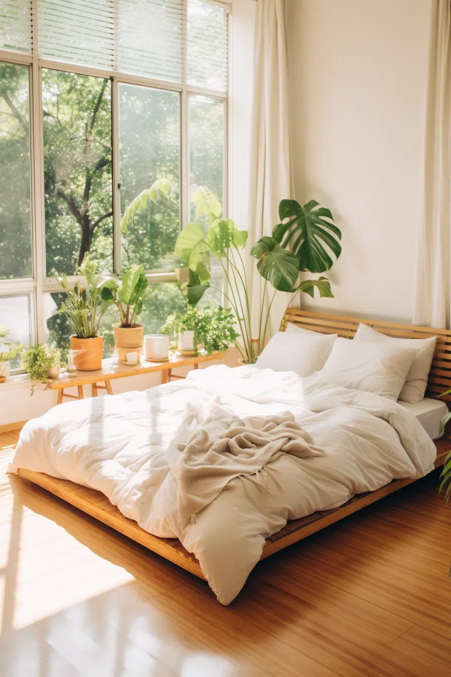 A modern bedroom with plants and a window.