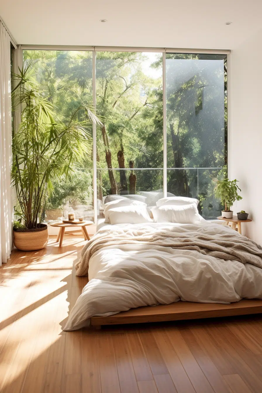 A modern bedroom with a bed and a window.