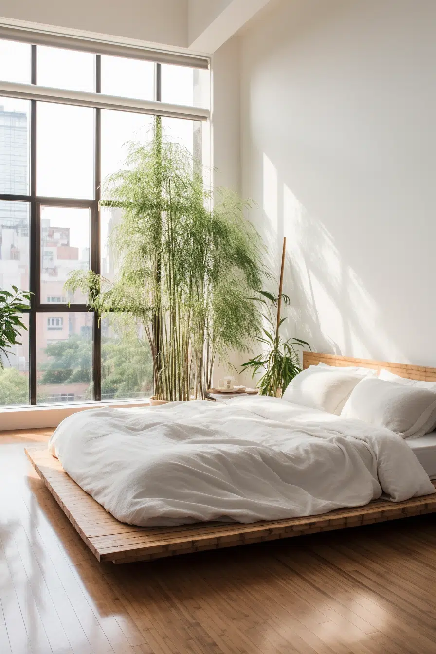 A modern white bed in an organic bedroom with a window.