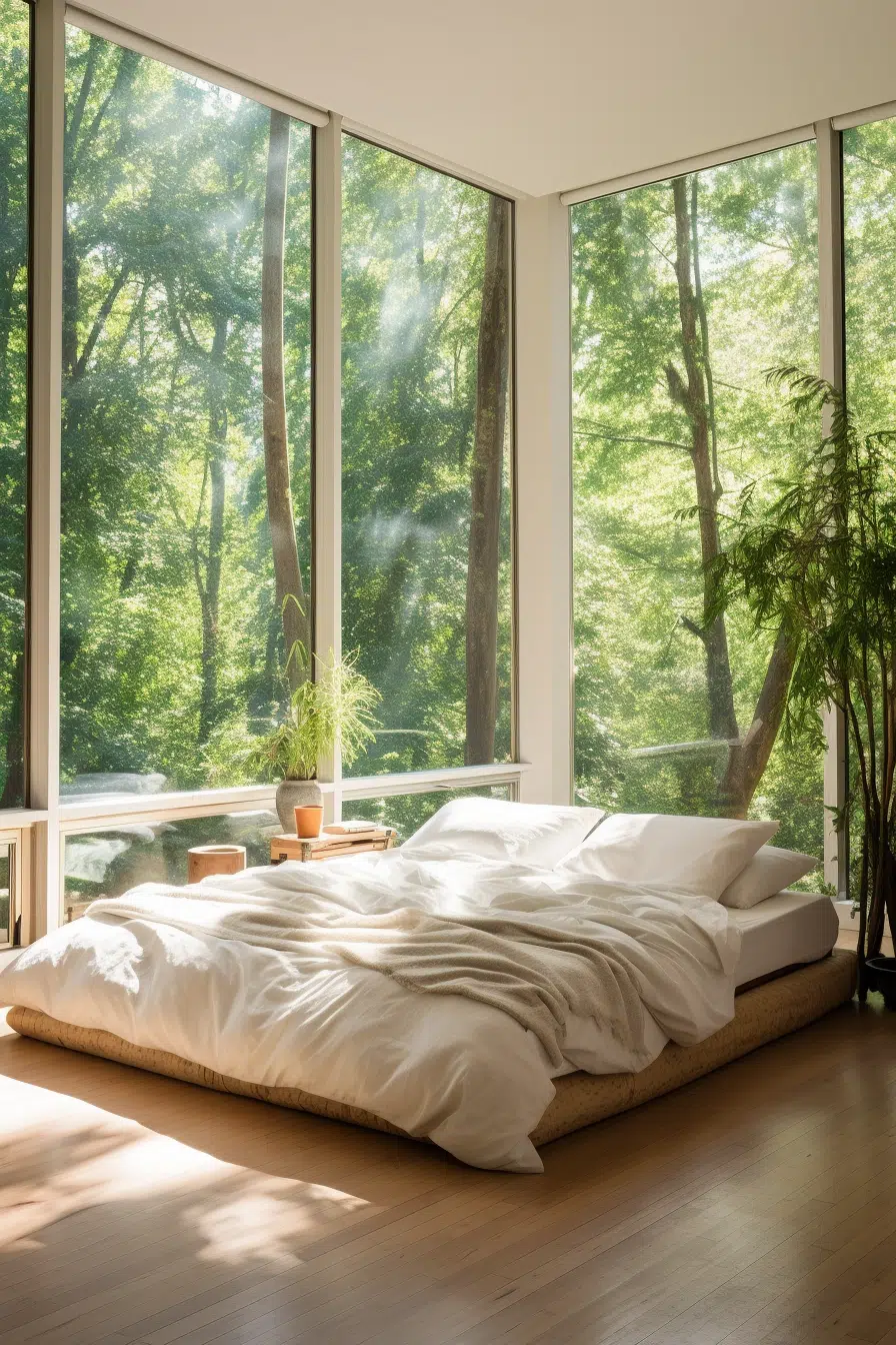 A modern bedroom with large windows overlooking a wooded area.