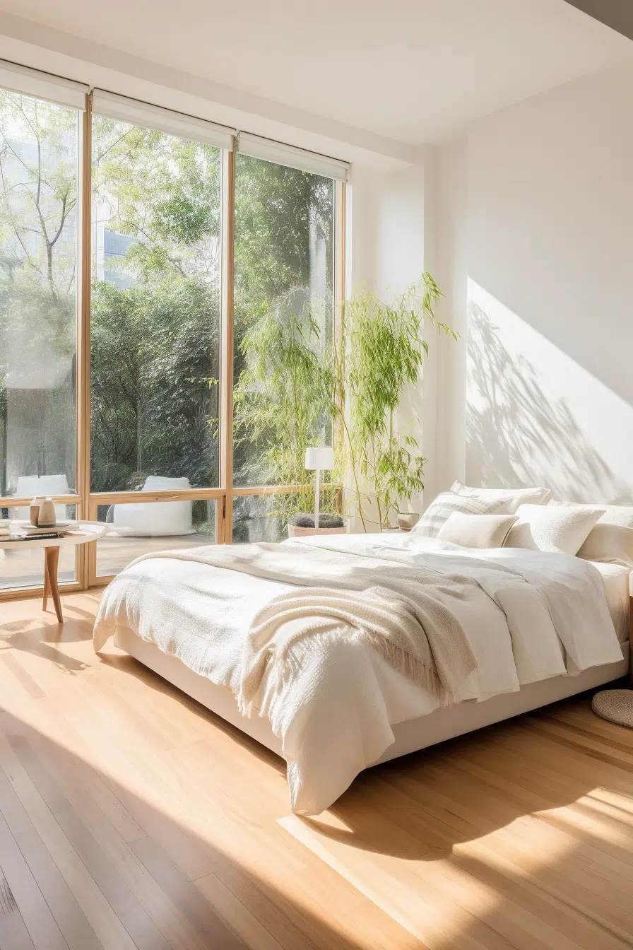 A modern bedroom with a white bed and a window.