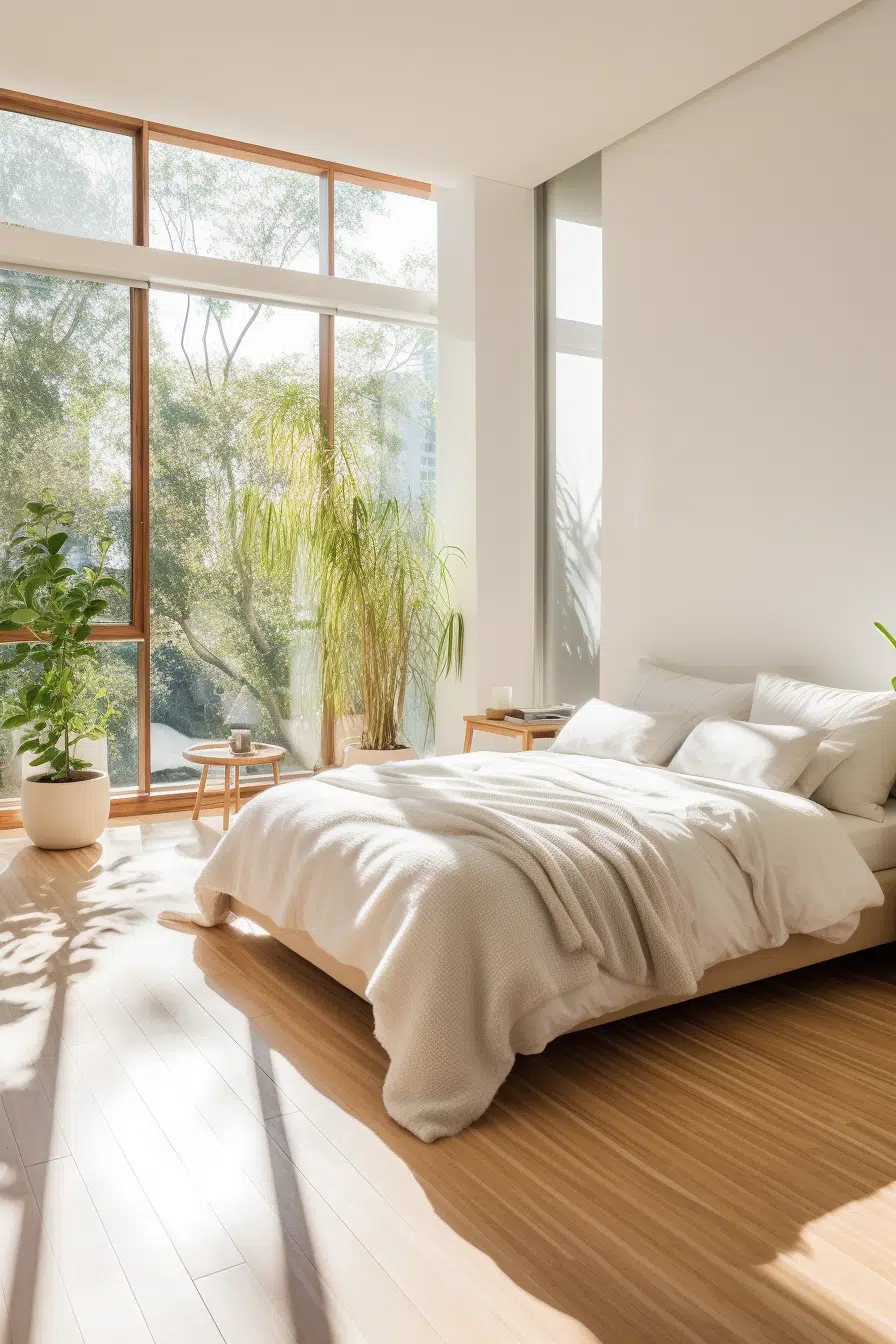 A modern white bedroom with wooden floors and a window.