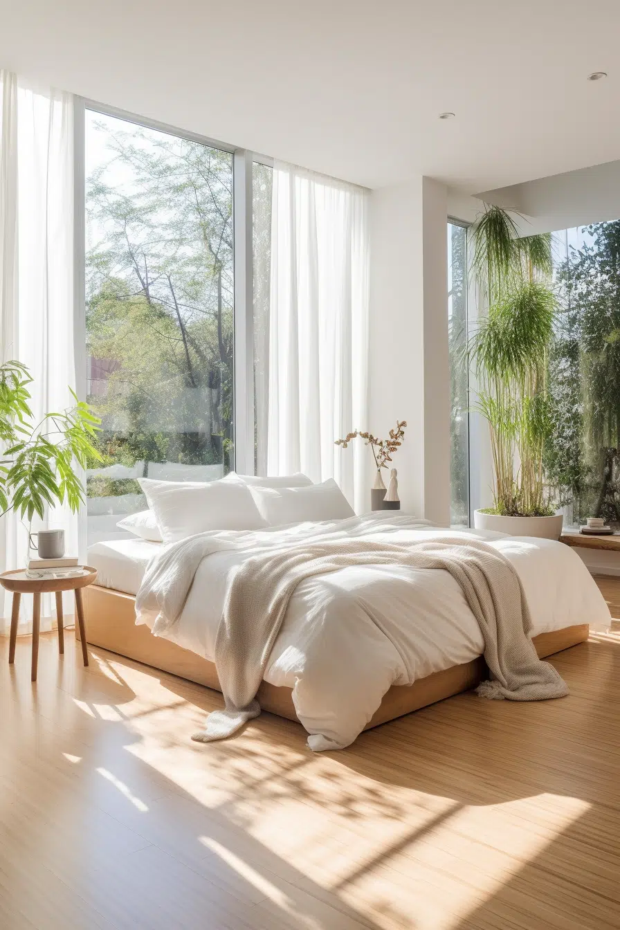 A modern white bedroom with wooden floors and a large window.