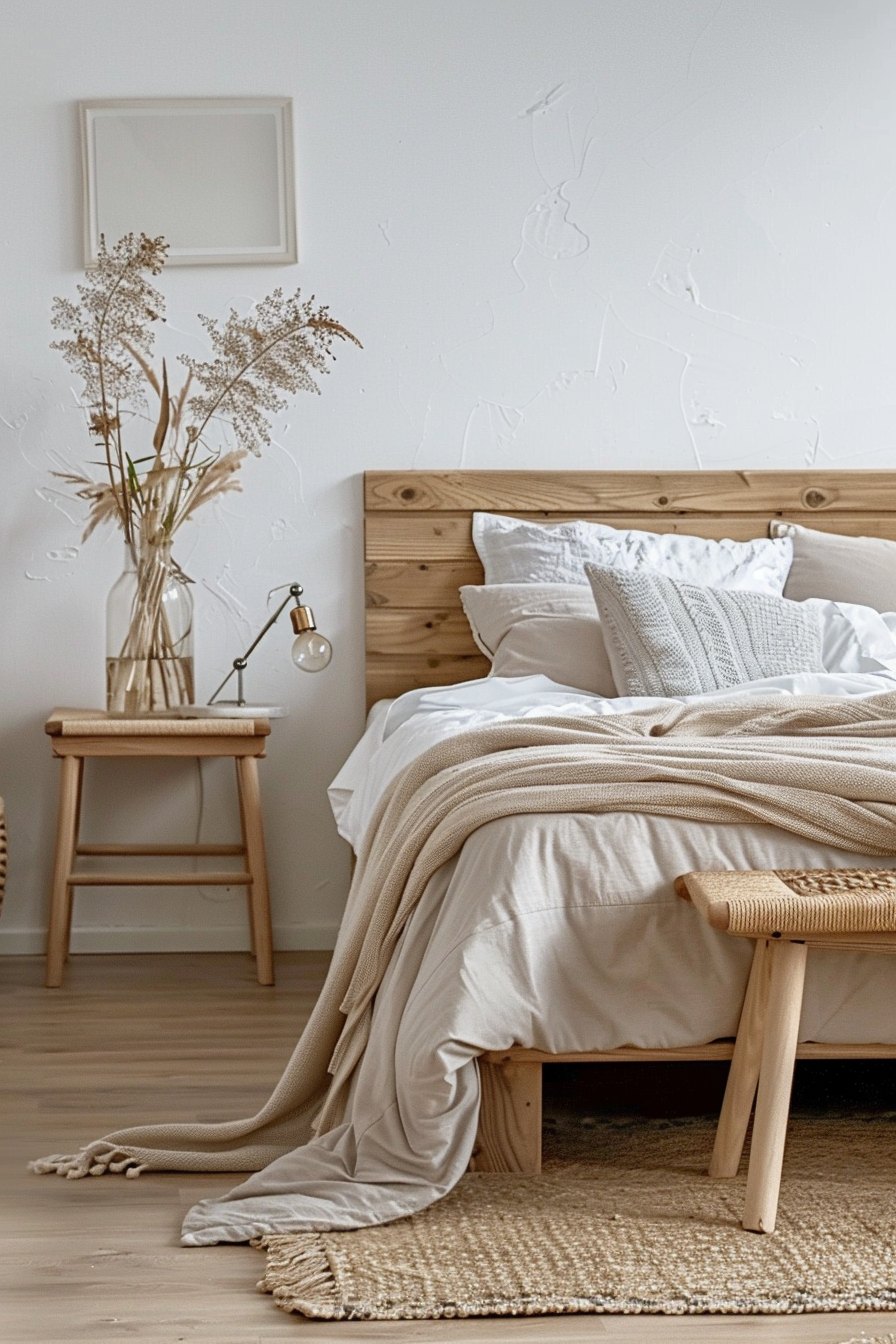 An Organic Modern bedroom with a bed featuring a wooden headboard and a vase of dry flowers.