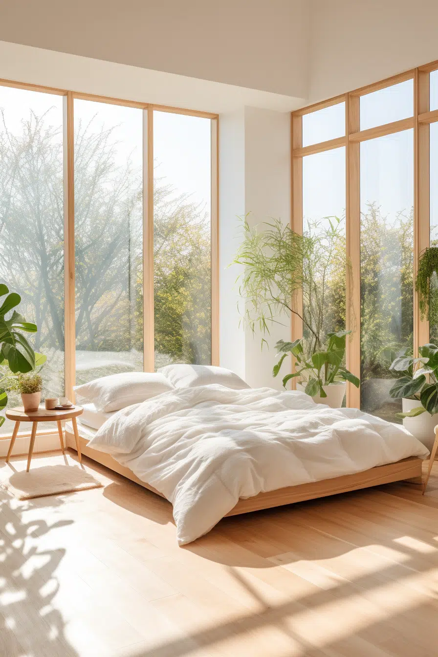A modern bedroom with a white bed and large windows.