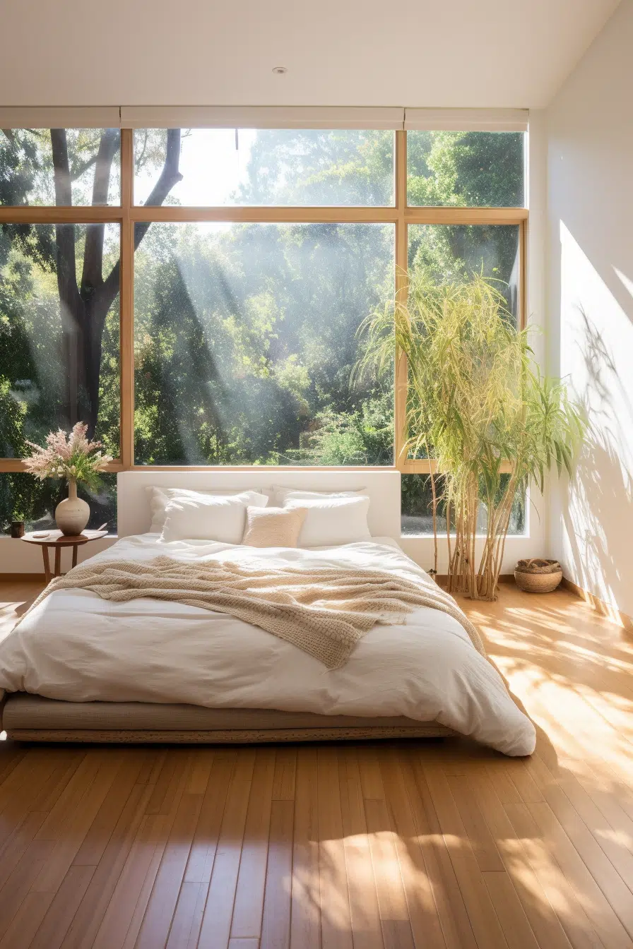 A modern white bed in an organic bedroom.