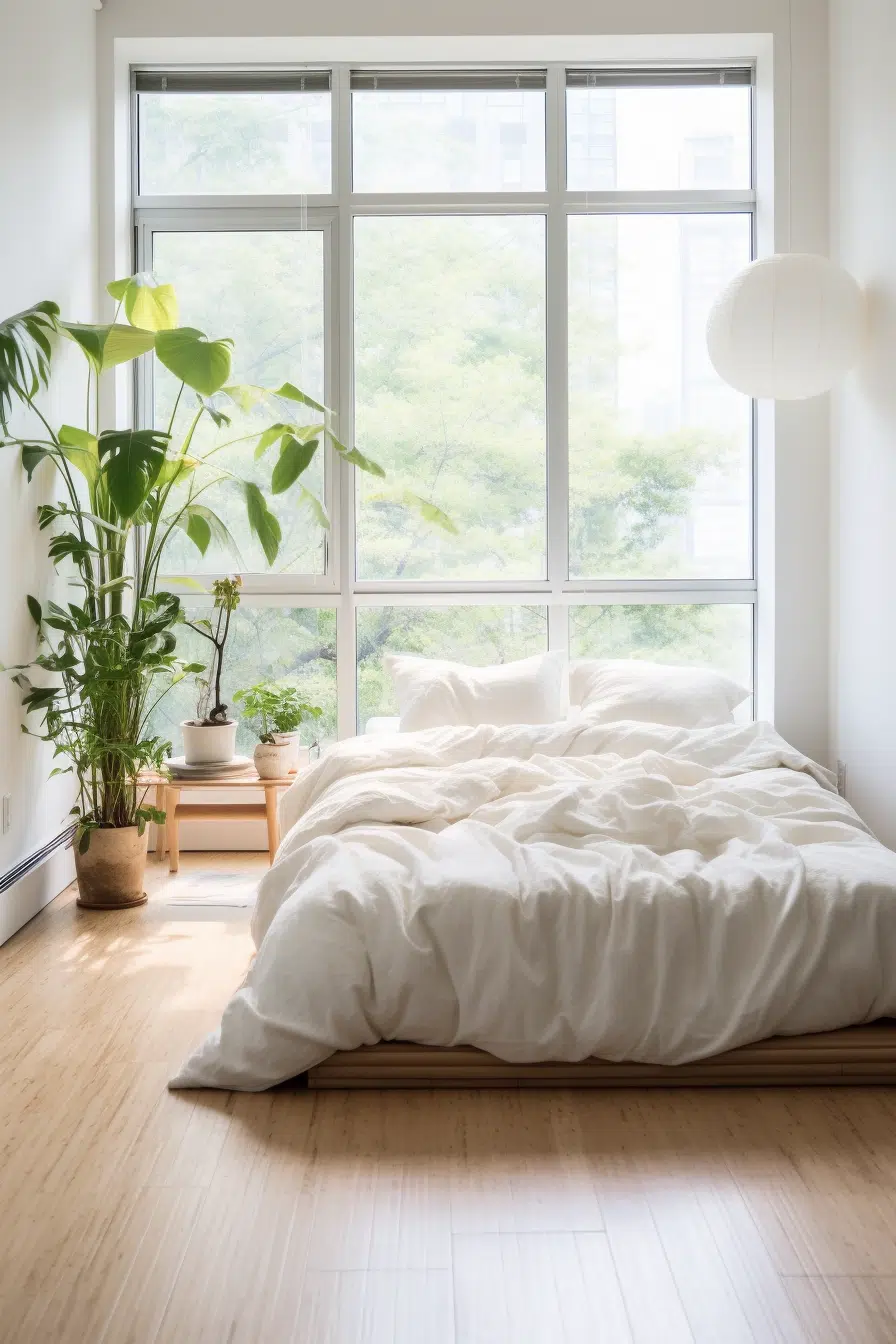 A modern bedroom with a white bed, window, and plant.