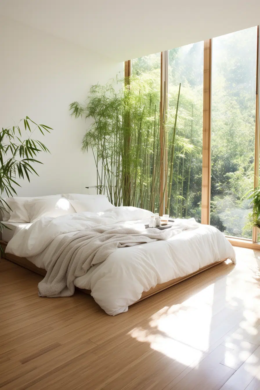 A modern bedroom with a white bed and a window.