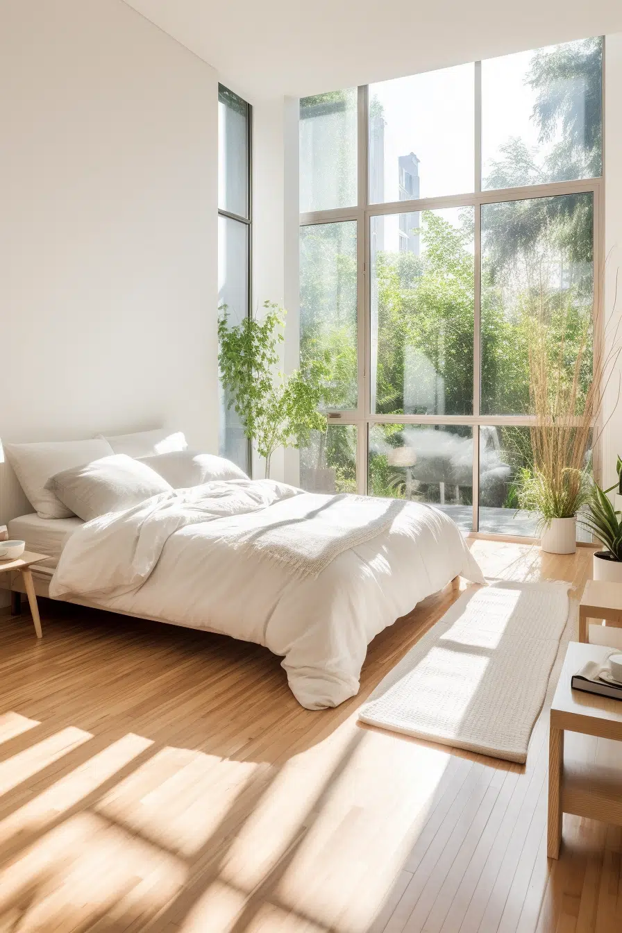 A modern bedroom with a wooden floor and a window, featuring an organic color palette.