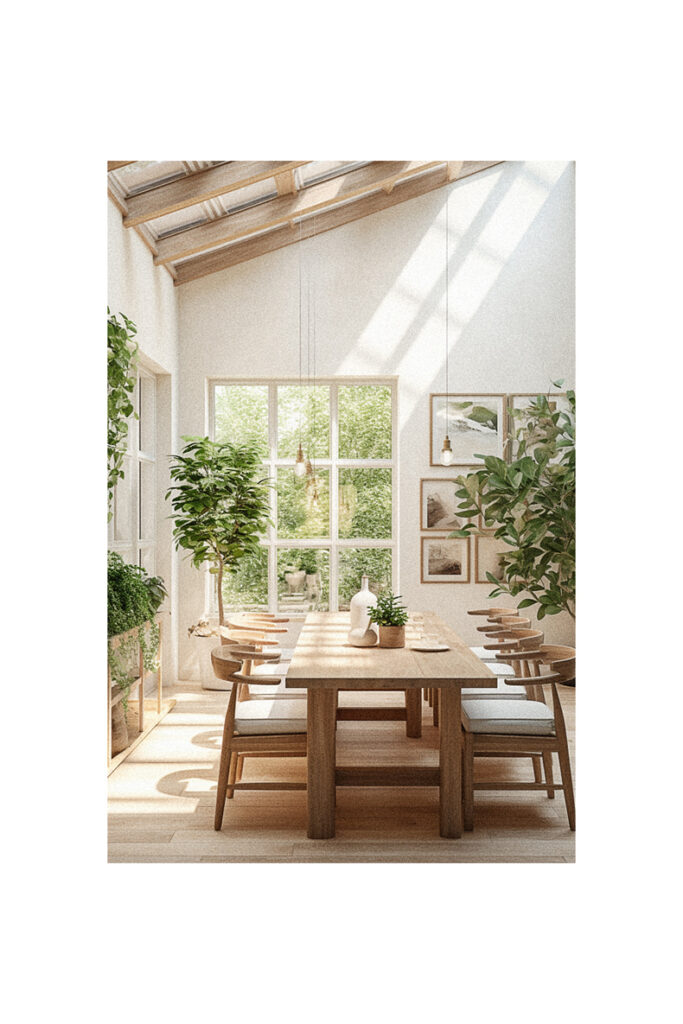 A modern dining room with a wooden table and plants.