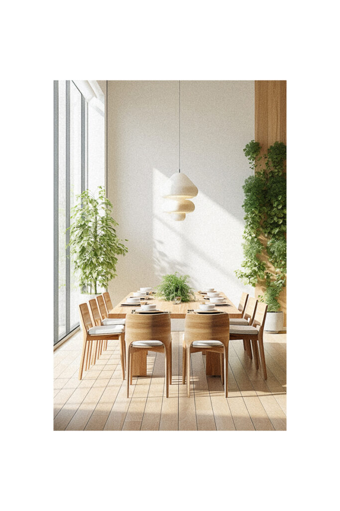 A modern dining room with a wooden table and chairs.