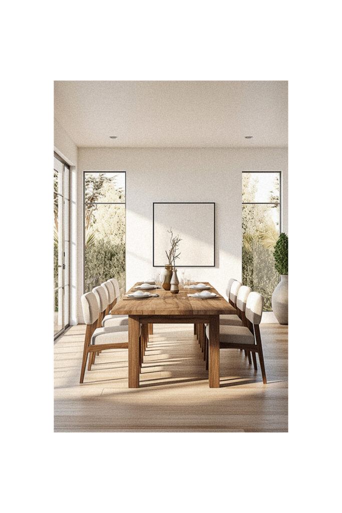 A dining room with a modern wooden table and chairs.