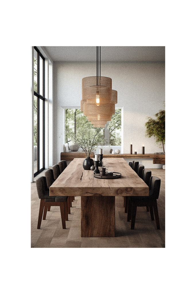A modern dining room with a wooden table and chairs in an organic setting.