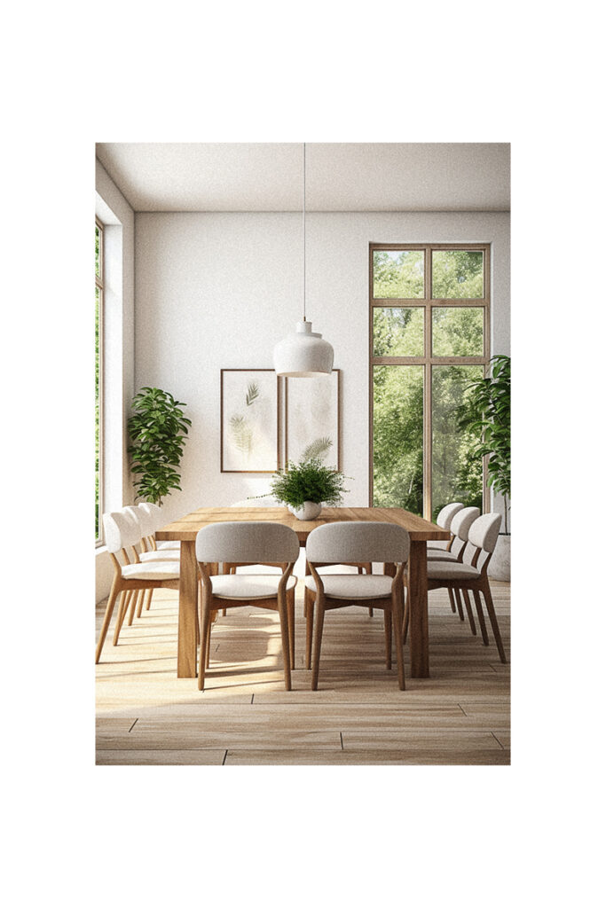 A white dining room with a modern wooden table and chairs.