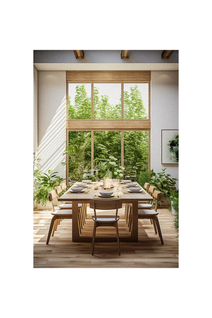 A modern dining room with large windows and a wooden table.