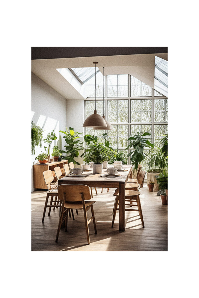 A modern organic dining room with plants and a wooden table.
