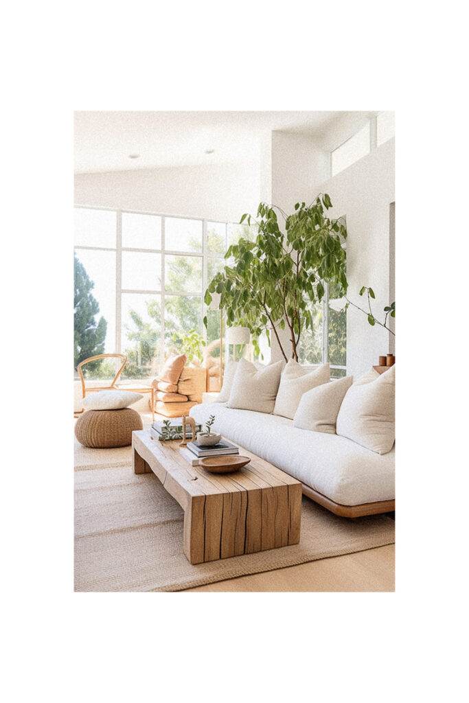 A living room with a white couch and a wooden coffee table featuring modern organic interior design.