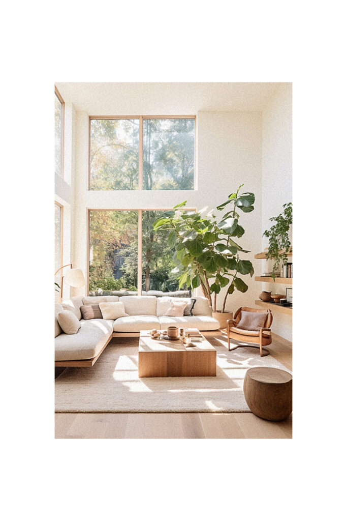 A modern white living room with a large window.