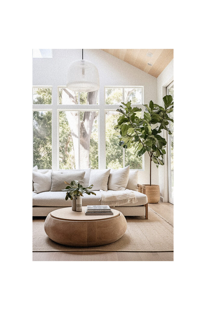 A modern living room with large windows and a large potted plant.