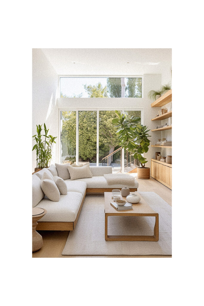 A modern living room with a large window.
