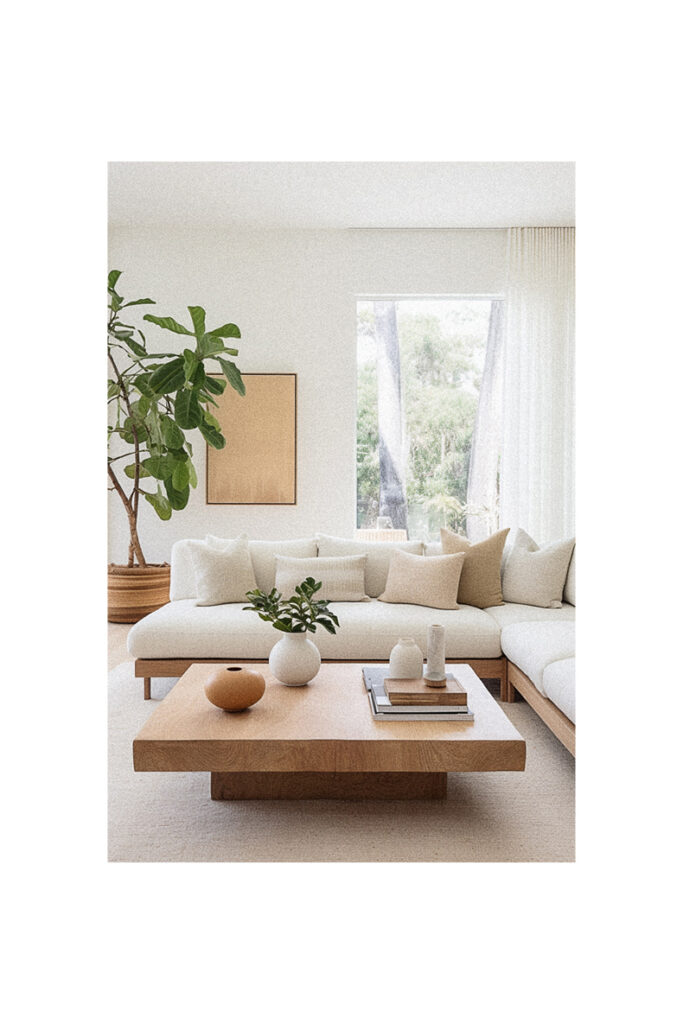 A modern living room with a white couch and a plant in an organic interior design style.