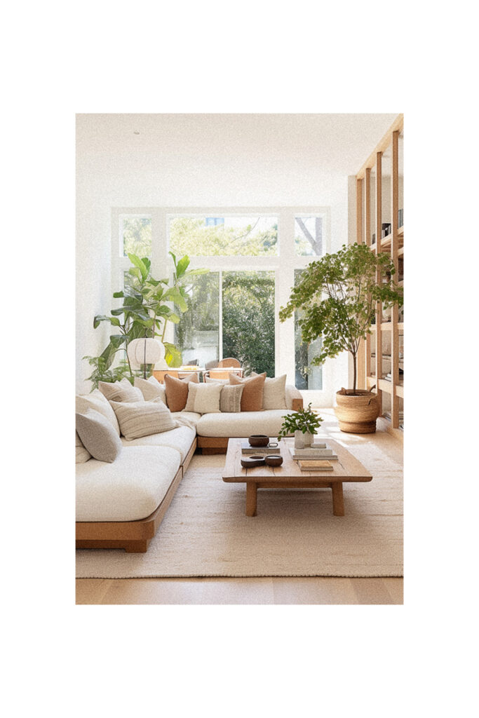 A modern living room with white furniture and plants, featuring an organic interior design.