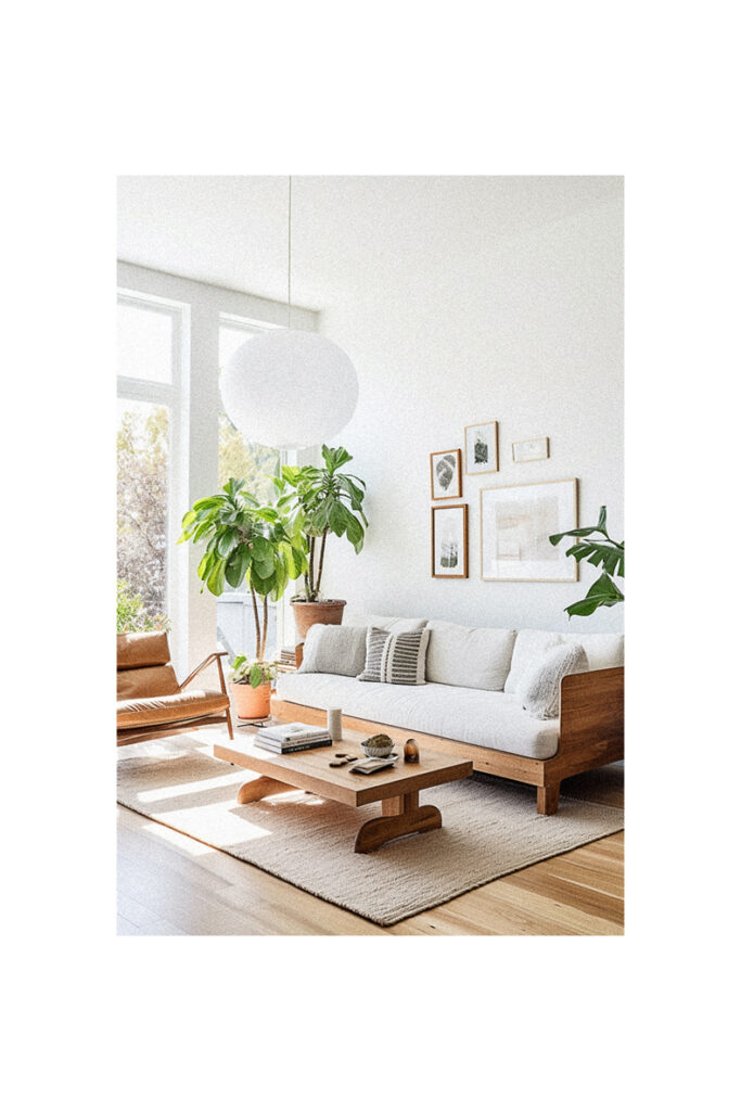 A modern living room with white furniture and plants, showcasing organic interior design elements.