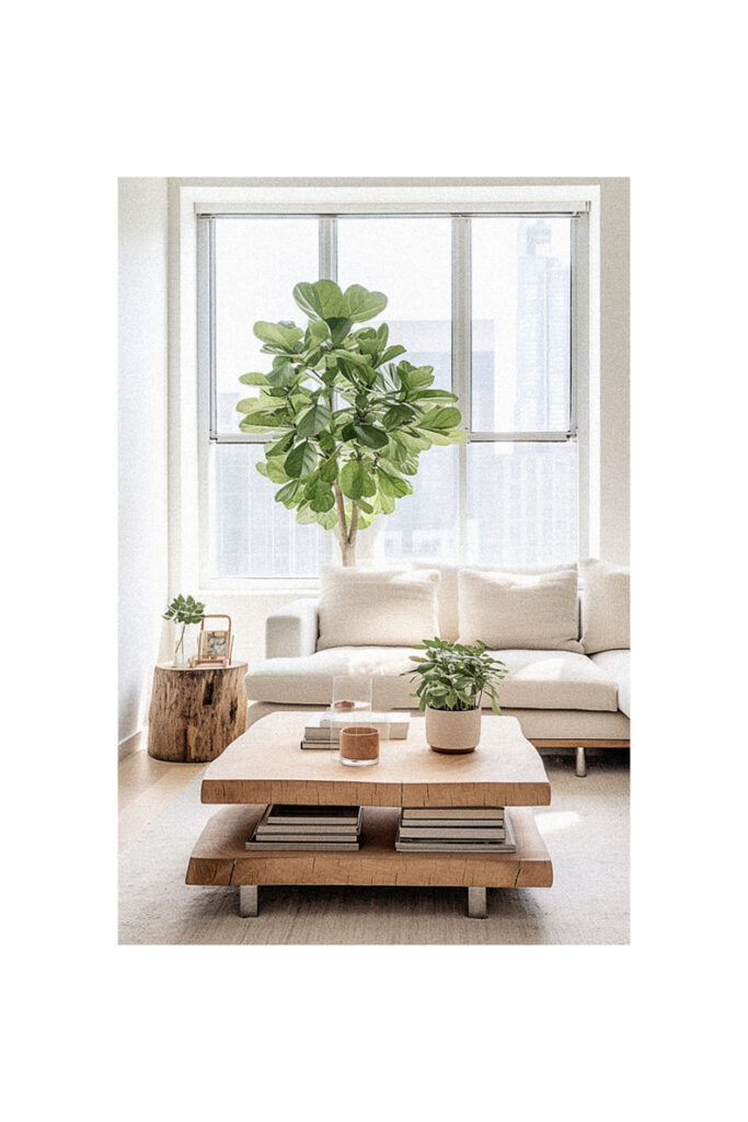 A modern living room with a plant on the coffee table.
