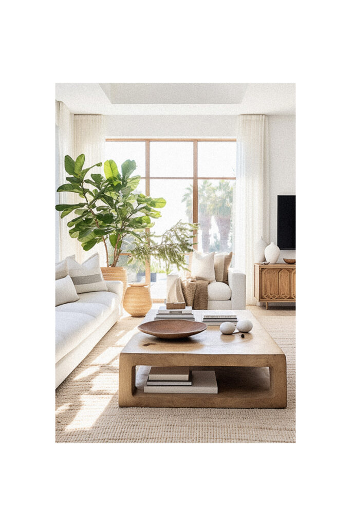 A modern living room with white furniture and a large window, featuring organic interior design elements.