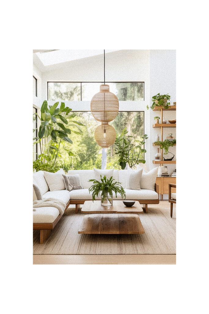 An organic living room with lots of plants and white furniture.